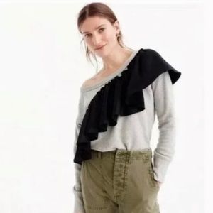 NWT J. Crew grey sweatshirt asymmetrical black ruffle Raglan Sleeve Relax Fit xs
